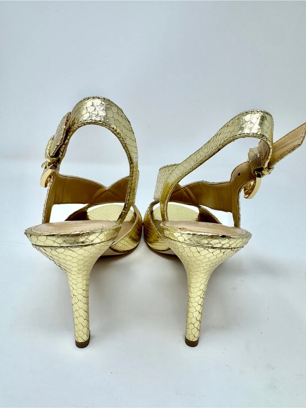 Michael Kors Gold Metallic Snake Embossed Slingback Heels Sandal Size 10 - Picture 8 of 10